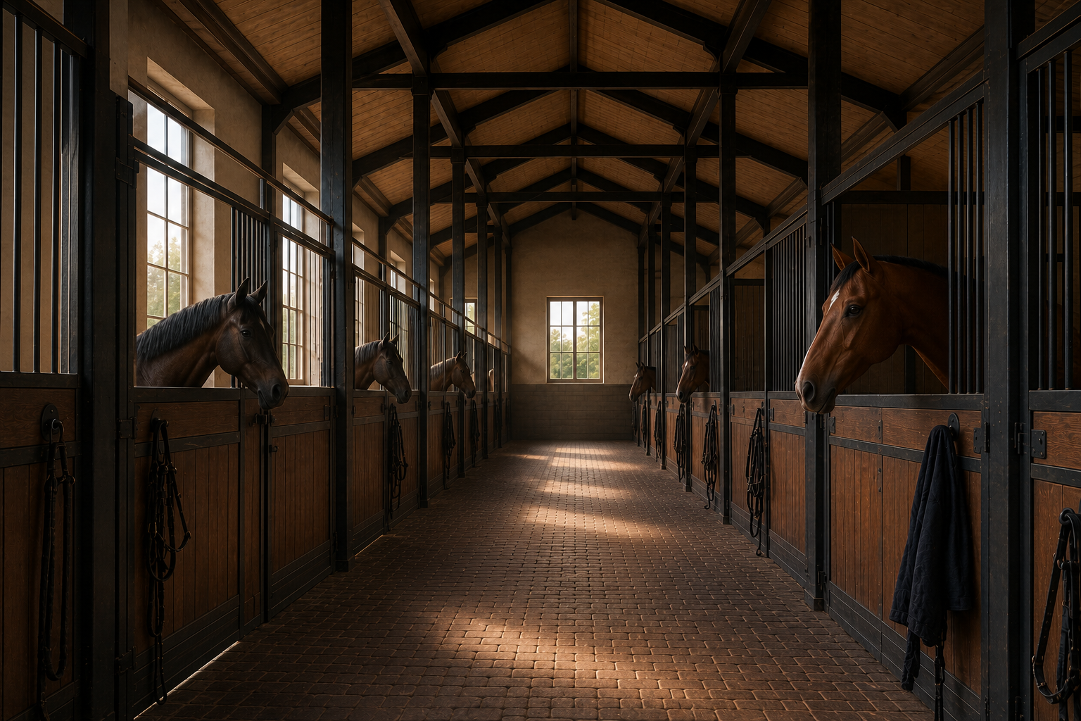 Stallgasse im warmen Abendlicht mit Pferden in den Boxen
