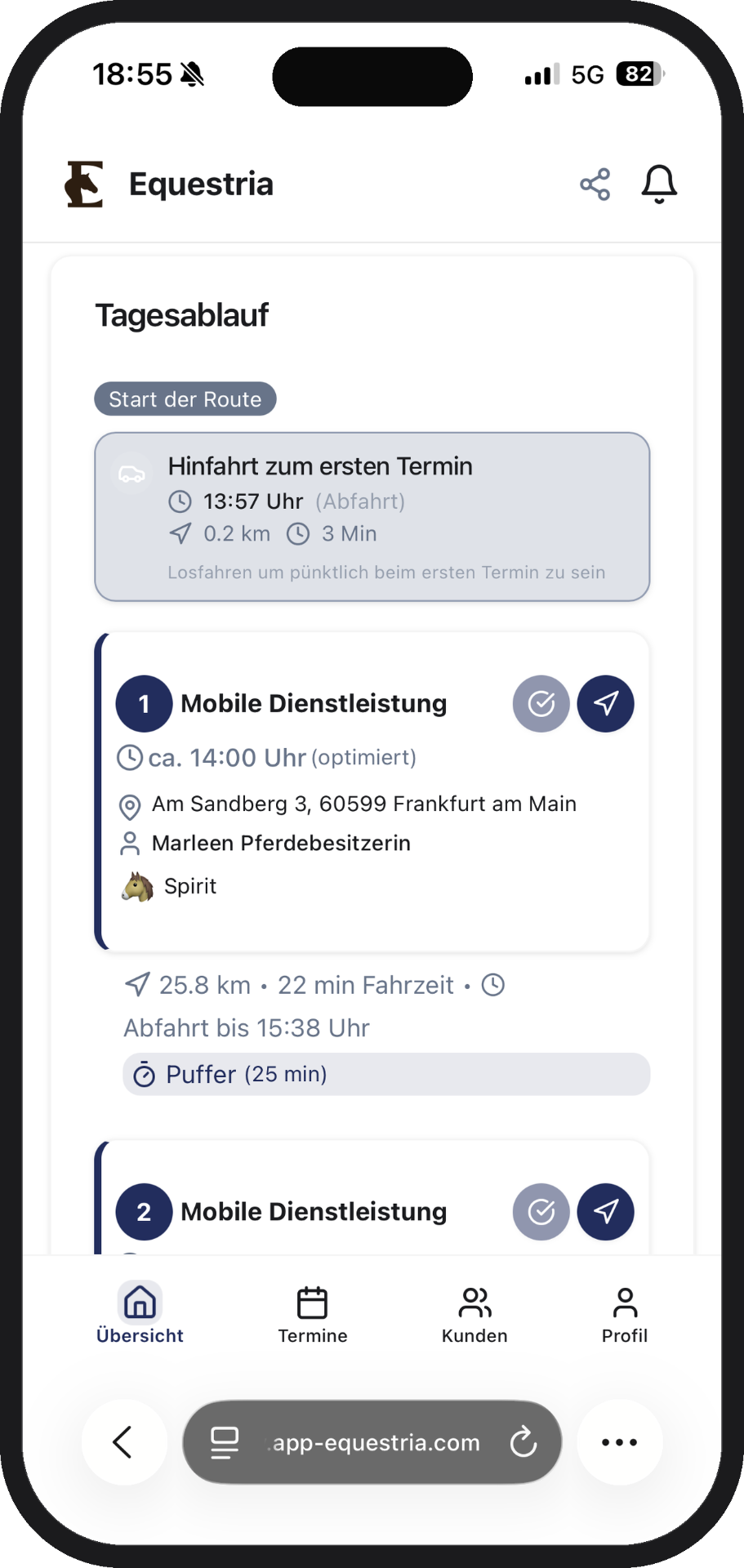 App-Ansicht: Tagesablauf mit Route